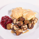 A plate of IKEA’s classic Swedish meatballs, served with mashed potatoes and lingonberry sauce. The new plant-based version will be served the same way.